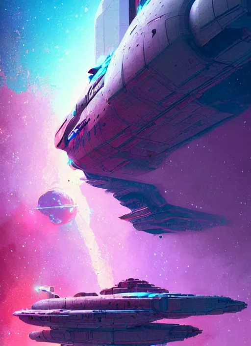Image similar to starship freighter, greeble, colored nebula by luigi cozzi, by ismail inceoglu