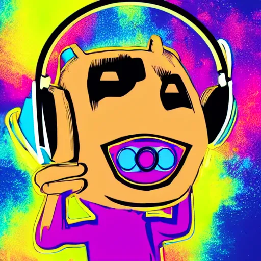 Image similar to svg sticker of a Pop-Wonder Groot-Marvel-Avenger at a rave, spinning records, giant headphones rocking out, wearing headphones, huge speakers, dancing, rave, DJ, spinning records, digital art, amazing composition, rule-of-thirds, award-winning, trending on artstation, featured on deviantart