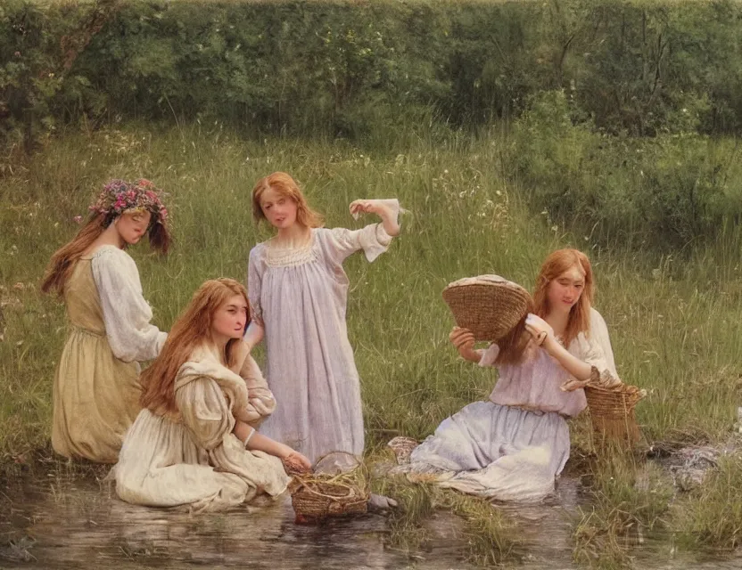 Image similar to peasant girls on a shore of river ivana kupala, midsommar, cottage core, cinematic focus, polaroid photo bleached vintage pastel colors high - key lighting, soft lights, foggy, by steve hanks, by lisa yuskavage, by serov valentin, by tarkovsky, 8 k render, detailed, oil on canvas