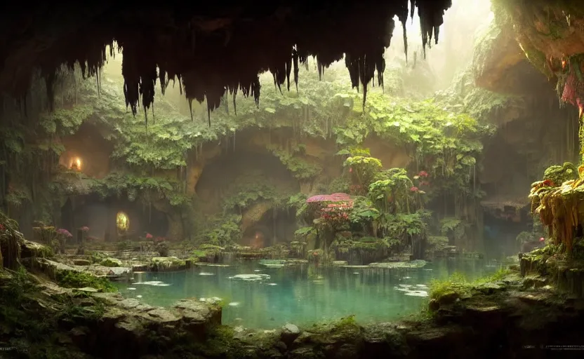 Image similar to painting of an interior of a hidden hotspring in a cave, fantasy, lush plants and flowers, natural light, concept art, by greg rutkowski and craig mullins, cozy atmospheric and cinematic lighting, trending on artstation