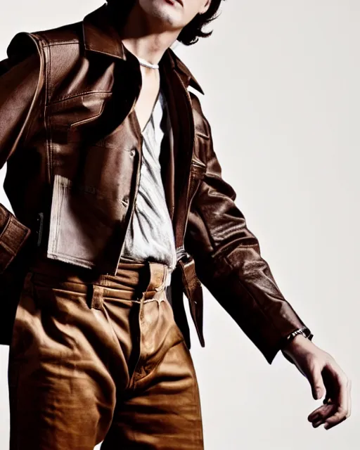 Prompt: an award - winning photo of a brown cropped extremely baggy pirate designer menswear leather jacket with an oversized collar and bootcut trousers designed by alexander mcqueen, 4 k, studio lighting, wide angle lens