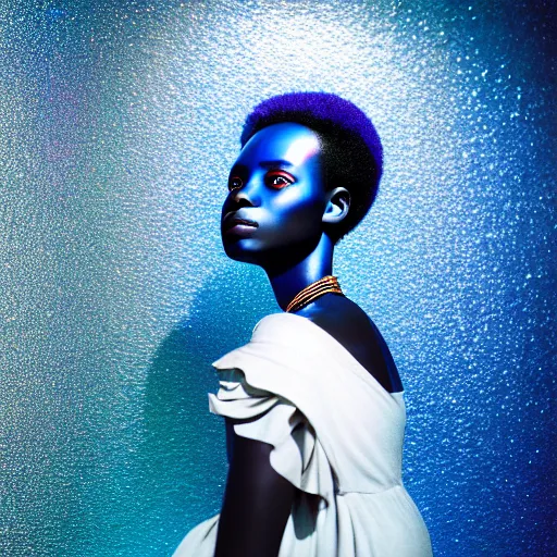 Image similar to portrait of african woman, iridescent metallic face, mercury, mirror reflections, smooth, liquid metal, proud, looking away, outdoor, blue sky, fashion advertising campaign, 8 k, realistic, depth of field, highly detailed, award winning photography, by richard mosse