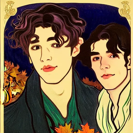 Image similar to painting of young cute handsome beautiful dark medium wavy hair man in his 2 0 s named shadow taehyung and cute handsome beautiful min - jun together at the halloween party, bubbling cauldron, candles, smoke, tarot, autumn colors, elegant, stylized, soft facial features, delicate facial features, art by alphonse mucha, vincent van gogh, egon schiele