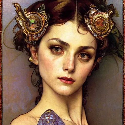 Prompt: realistic detailed face portrait of a female dressed like Cleopatra by Alphonse Mucha and Norman Rockwell, Ayami Kojima, Yoshitaka Amano, Malcolm Liepke, Karol Bak, Greg Hildebrandt, Jean Delville, and Mark Brooks, Expressionism, Pre-Raphaelite, intricate fine details, exquisite, rich deep moody colors, beautiful detailed background