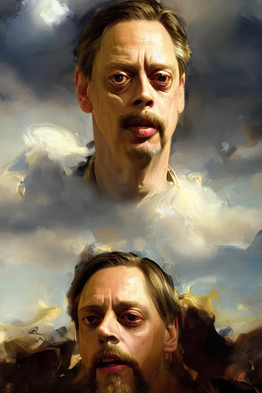 Image similar to beautiful detailed expressive impressionistic oil painting portrait of ancient roman god emperor steve buscemi ascending into the clouds wearing the civic crown, renaissance painting, art by anders zorn, wonderful masterpiece by greg rutkowski, expressive brush strokes, beautiful cinematic light, american romanticism by greg manchess, jessica rossier