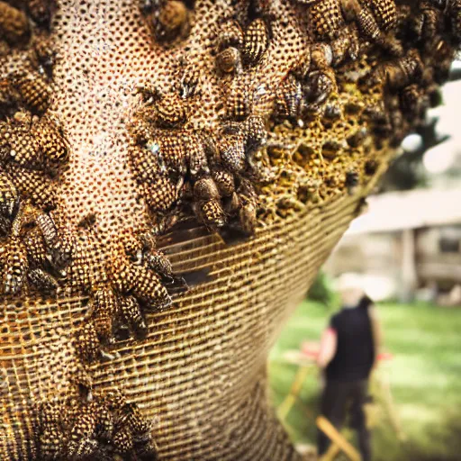 Prompt: a huge beehive larger than a human, very detailed, shot in canon 50mm f/1.2