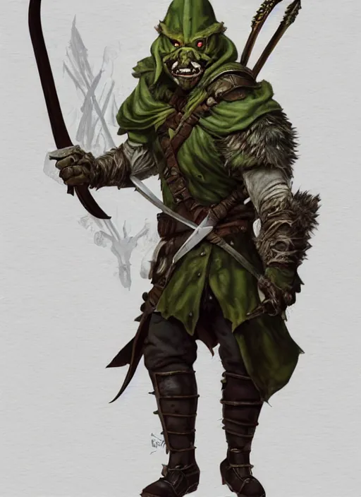 Image similar to strong young man, photorealistic bugbear ranger holding sword, fire magic, black beard, dungeons and dragons, pathfinder, roleplaying game art, hunters gear, jeweled ornate leather and steel armour, concept art, character design on white background, by norman rockwell, makoto shinkai, kim jung giu, artstation trending, poster art, colours red and green