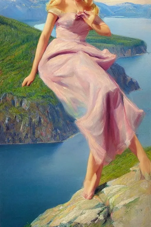 Image similar to 1950s beautiful!!! blonde looking over a Norwegian fjord, aesthetic!!! painting by Vladimir Volegov