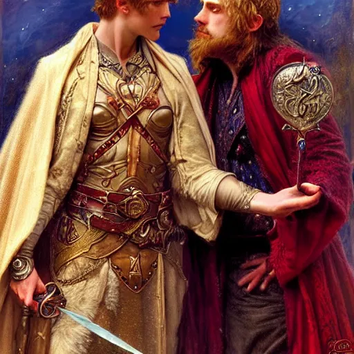 Image similar to stunning arthur pendragon in love with stunning male merlin the mage. they are close to each other, touching, looking. highly detailed painting by gaston bussiere, craig mullins, j. c. leyendecker