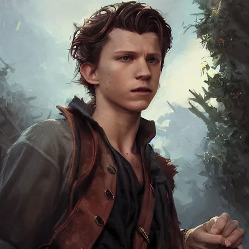 Image similar to tom holland as a pirate, fine face, face focused, fine detailed face, long hair, realistic shaded lighting poster by greg rutkowski, magali villeneuve, artgerm, jeremy lipkin, michael garmash, rob rey, cinematic lighting, sharp focus, highly detailed attributes and atmosphere