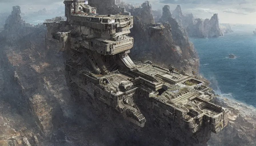 Prompt: imperial base on a cliff overlooking a magnificient bay, by james gurney, greg rutkowski, drawing architecture, brutalist, highly detailed digital art, artstation, greig fraser