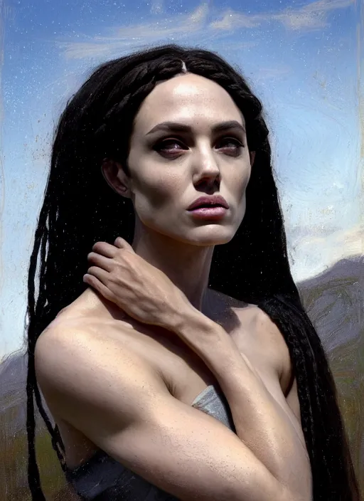 Prompt: angelina jolies face with a muscular upper body, with black braided hair as a greek goddess, countryside, calm, fantasy character portrait, dynamic pose, above view, sunny day, thunder clouds in the sky, artwork by jeremy lipkin and giuseppe dangelico pino very coherent asymmetrical artwork, sharp edges, perfect face, simple form, 1 0 0 mm