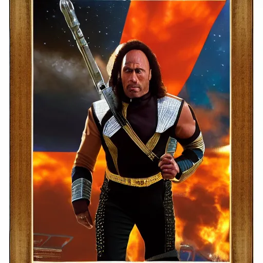 Image similar to a full body portrait of the rock as a klingon star fleet officer from star trek next generation dressed in full uniform, ultra rendered extreme realism and detail, 8 k, highly detailed, realistic, completely framed, hyper realistic, colorful, direct lighting, 3 5 mm photo, photorealistic, sharp focus