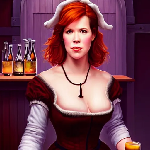 Prompt: a portrait digital painting of molly ringwald as a medieval bar maid in a tavern at night. painted by artgerm, ross tran.