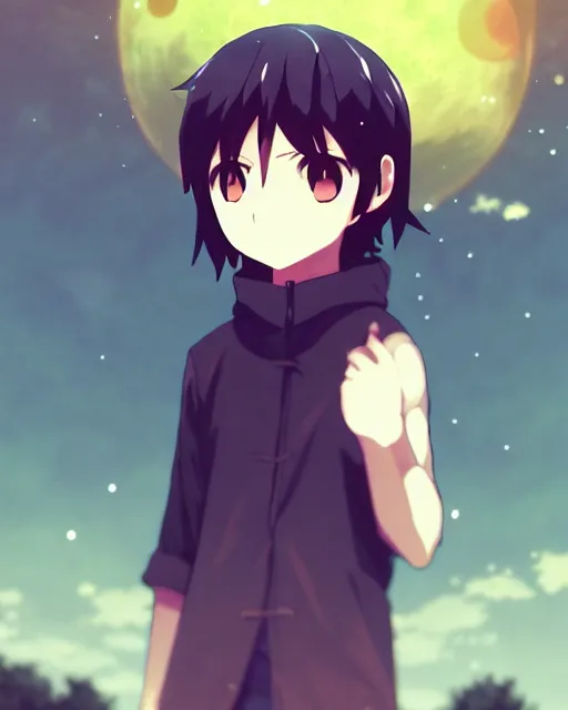 Image similar to chibi, cute, melancholy, full body, male anime character, long dark hair, stunning art style, filters applied, lunar time, night sky, trending art, sharp focus, centered, landscape shot, fate zero, simple background, studio ghiblyi, makoto shinkai, yuji yamaguchi, by wlop