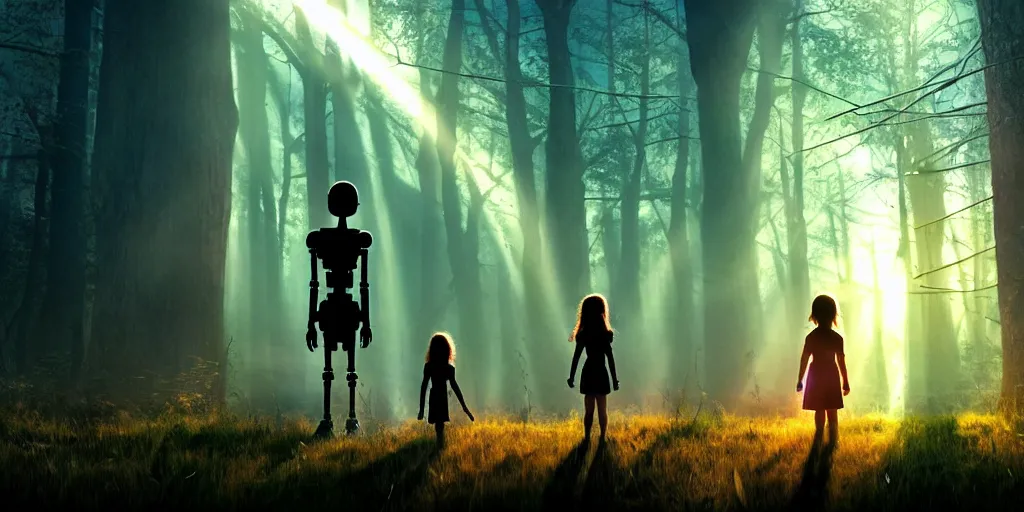 Image similar to sci - fi scene future new york, one little girl holding the hand of an iron giant robot, forest punk, crepuscular rays, epic scene, hyper realistic, photo realistic, overgrowth, cinematic atmosphere, ethereal lighting,