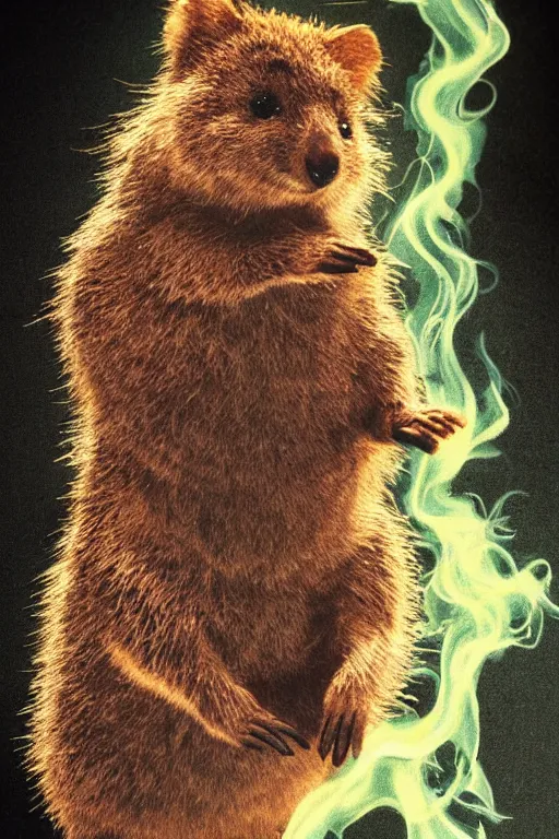 Image similar to detailed illustration, a quokka as a 1 9 8 0 s wrestling action figure, ultra realistic, dramatic lighting, thick black swirling smoke tornado, artstation