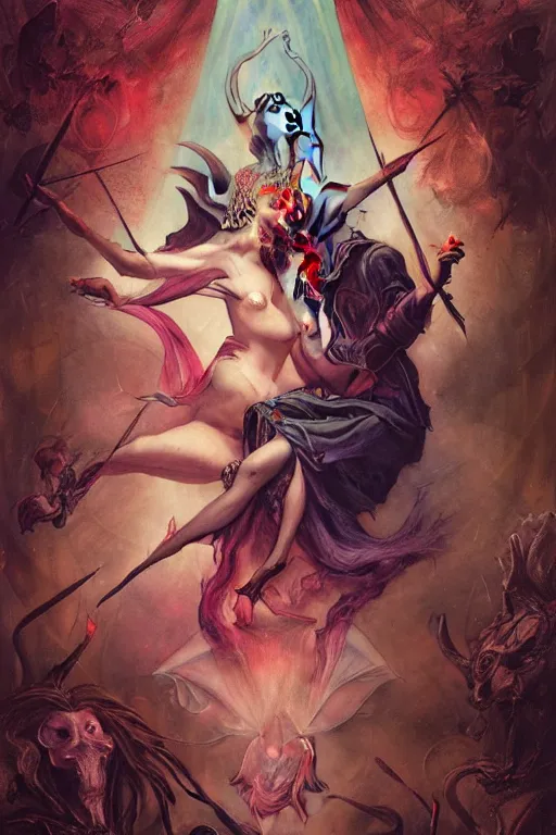 Image similar to an illustrated tarot card of The lovers based on the original rider waite tarot deck, full of colors, evil, satanic, high contrast, on old paper, insane details, concept art, elegant, unreal 5, CGSociety, hyperrealistic, octane render, by Peter Mohrbacher and Greg Rutkowski and brian froud and Craig Mullins, RPG portrait, dynamic lighting