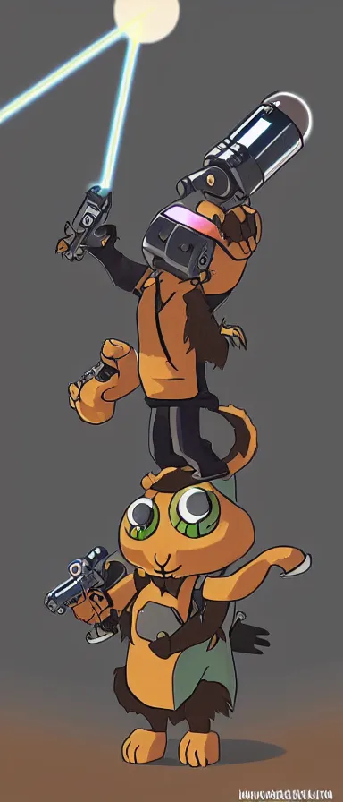 Prompt: “ furry monster character holding laser gun, floating alone, with a black dark background, digital art, award winning, trending on art station ”