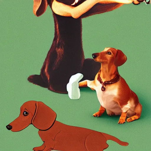 Image similar to dachshund conducting an orchestra, 8 k, color film, photorealistic,