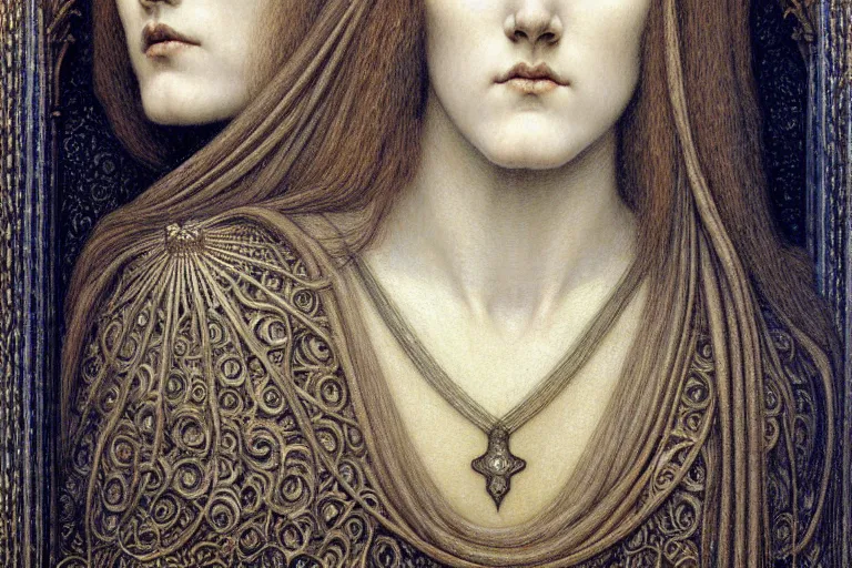 Image similar to detailed realistic beautiful young medieval queen face portrait by jean delville, gustave dore and marco mazzoni, art nouveau, symbolist, visionary, gothic, pre - raphaelite. horizontal symmetry