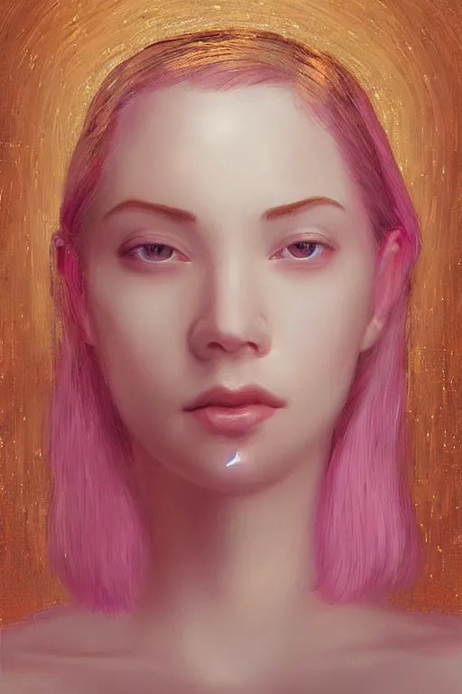 Prompt: “Portrait of a Beautiful pale skin female with short pink hair, elegant, digital painting, highly detailed, artstation, concept art, smooth, sharp focus, gold, neon lighting, illustration, art by Klimt and Ayami Kohima .”