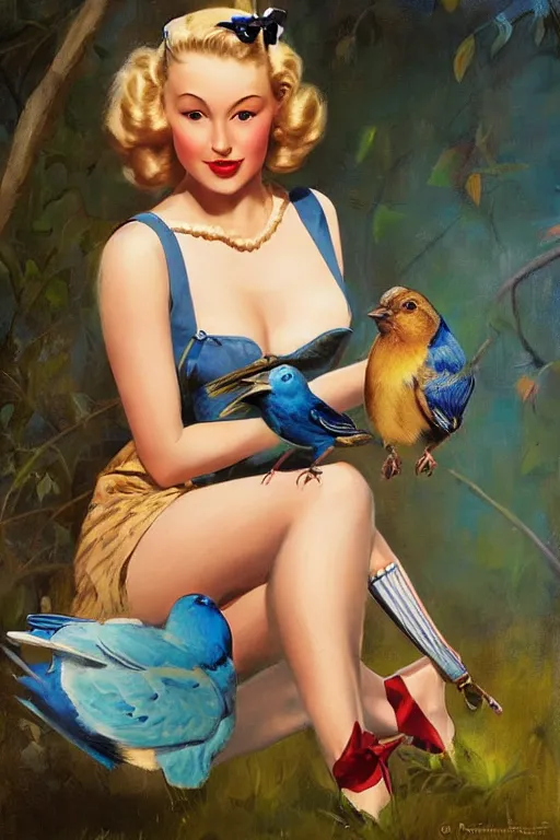 Image similar to portrait of 1 9 4 0 s blond pinup girl holding an indigo bunting, bird, the bird is wearing a bowtie, by greg rutkowski, rossdraws, gil elvgren, enoch bolles, porcelain skin, glistening, very coherent,