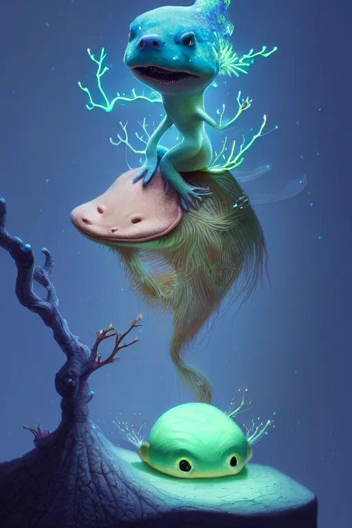 Image similar to Bioluminescent, portrait of axolotl wearing wizard hat, very intricate , trending on artstation , very elegant, in the golden hour by Daniel Merriam, Trending on Artstation, oil on Canvas by Elena Zhurikhina and Goro Fujita and Charlie Bowater, octane render, 4k, 8k, HD