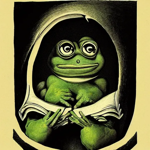 Image similar to portrait of pepe the frog by goya and escher and hogarth, illusion surreal art, highly conceptual figurative art, intricate detailed illustration, controversial poster art, polish poster art, geometrical drawings, no blur