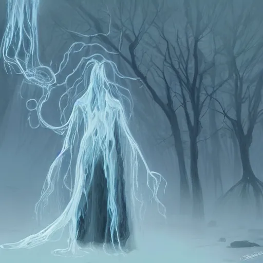 Prompt: concept designs for an ethereal ghostly wraith like figure made from wispy shadows with a squid like parasite latched onto its head and long tentacle arms that flow lazily but gracefully at its sides like a cloak while it floats around a frozen rocky tundra in the snow searching for lost souls and that hides amongst the shadows in the trees, this character has hydrokinesis and electrokinesis for the resident evil village video game franchise with inspiration from the franchise Bloodborne and the mind flayer from stranger things on netflix in the style of a marvel comic