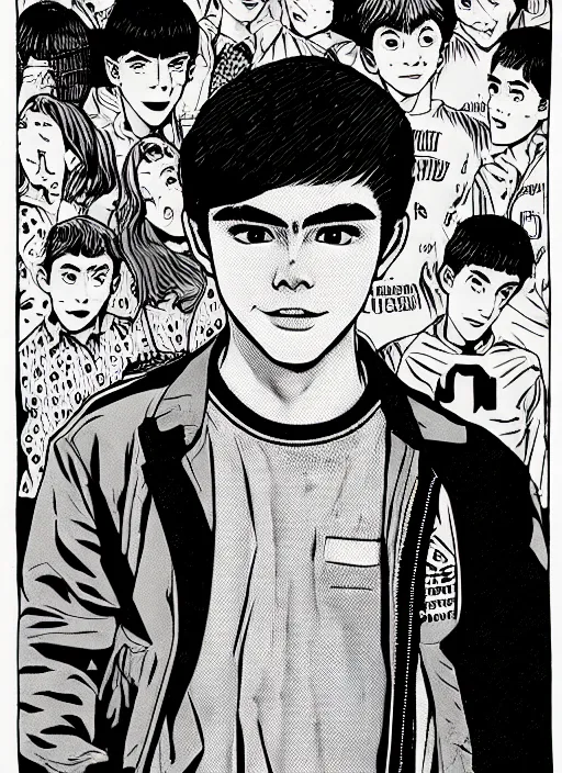 Image similar to portrait of teenage archie andrews, freckles, varsity jacket, intricate, highly detailed, illustration, art by junji ito, junji ito