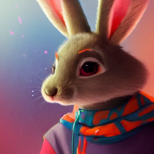 Prompt: portrait of a incredibly cute bunny, eating a carrot, zootopia, cgi, blade runner, cyberpunk background, trending on artstation