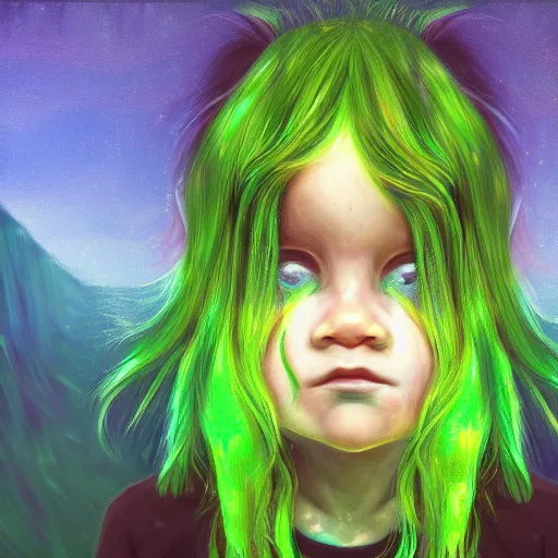 Image similar to glitchy child with green hair, lost soul, reflection, pov, ultra hd, artstation, high detail, digital art, oil on canvas