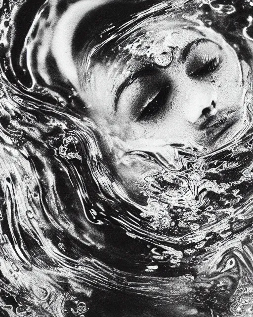 Prompt: oversaturated, burned, light leak, expired film, photo of a woman's serene face submerged in a flowery milkbath, rippling liquid, vintage glow, sun rays, black and white, glitched pattern