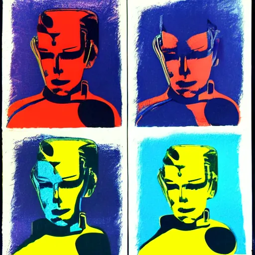 Image similar to androids, panels, primary colors, robot lithography, gynoids by warhol, cyborgs in the style of andy warhol
