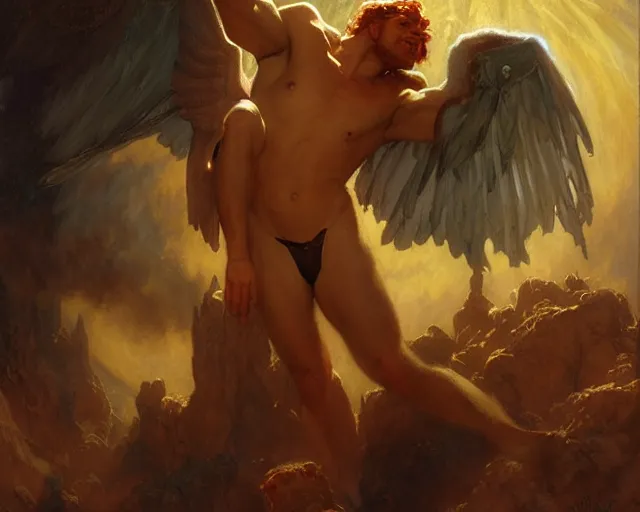 Image similar to attractive male deity, casting demonic magic, summoning handsome lucifer morning star. highly detailed painting by gaston bussiere, craig mullins, j. c. leyendecker 8 k