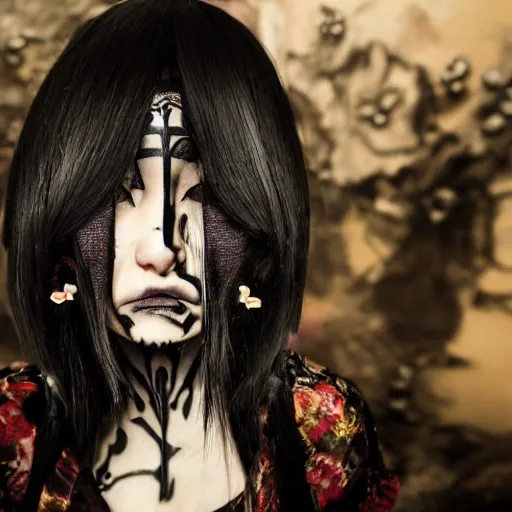 Image similar to japanese gothic model with maximalist hair style and kanji tattoos, dark colors, fashion model, portrait shot, depth of field, 8 k, hyper detailed, intricate, trending on artstation