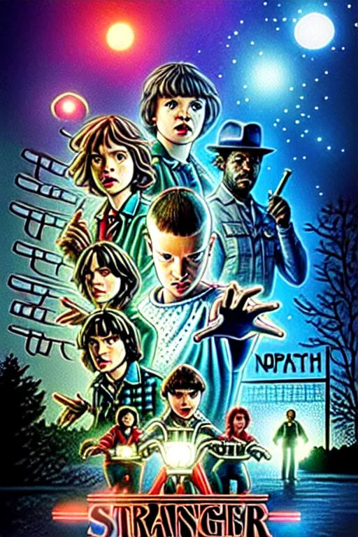 Prompt: Stranger Things Season poster with cast of Futurama, Matt Groening, high resolution, hyper detailed, intricate, photorealistic, all cast members, netfilx !n-9