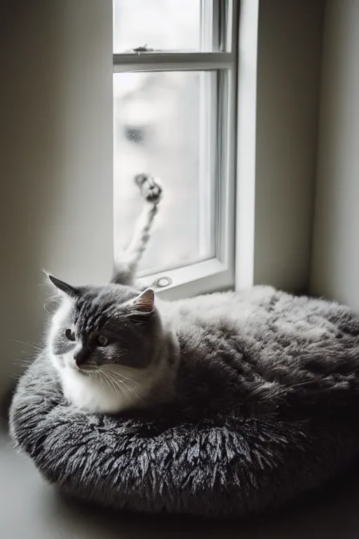 Image similar to “ fluffy grey cat lying on cat bed turning head to look out the window, lying on cat tree, cozy living room, warm, cotton, dramatic lighting, extremely high quality, leica m - a, lux 3 5 fle, portra 8 0 0 ”