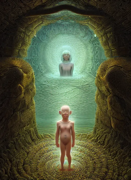 Prompt: hyperreal ultra detailed hypnagogic recollections from the waters of the unconscious. a 3 d psychopomp watching on. an ancient child. prismatic crystal light projections, a doorway threshold, a snake, sharp focus, global illumination, ornate, art by shaun tan, fenghua zhong and daniel merriam and dan mumford octane render