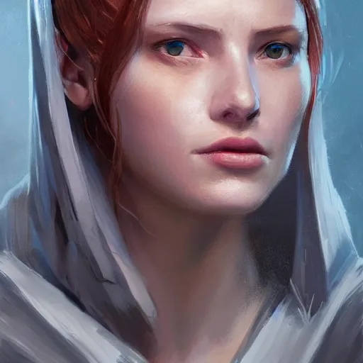 Prompt: portrait of a woman by greg rutkowski, jedi princess knight, straight redhead with two strands around her face, jedi robes, star wars expanded universe, she is about 2 0 years old, elegant, graceful, wearing jedi robes, highly detailed portrait, digital painting, artstation, concept art, smooth, sharp foccus ilustration, artstation hq