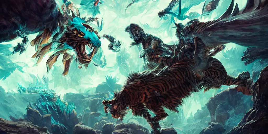 Image similar to Ghostly tiger creature made out of turquoise energy character design sheet, Monster Hunter Illustrations art book, Bright sparks, claws, huge sabertooth fangs, Moebius, Greg Rutkowski, Zabrocki, Karlkka, Jayison Devadas, Phuoc Quan, trending on Artstation, 8K, ultra wide angle, zenith view, pincushion lens effect.