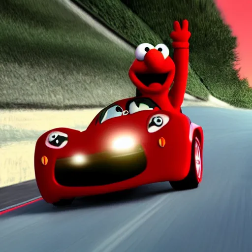 Prompt: Elmo driving a sports car, cinematic, cinematic lighting, HD, movie experience