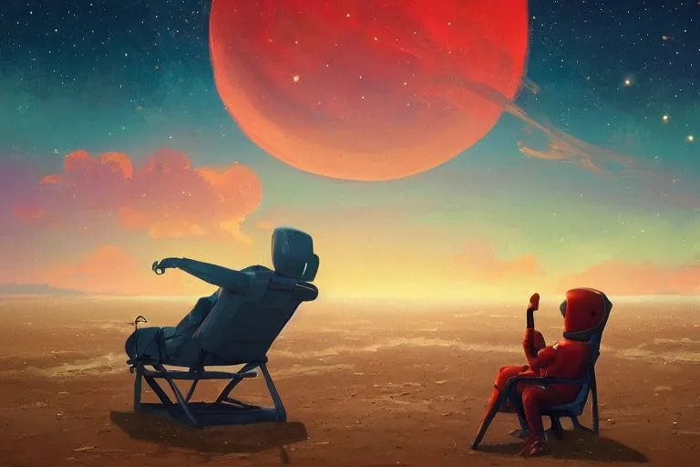 Image similar to astronaut sitting at the beach in a chair of an psychedelic alien planet watching the sunset, surreal photography, dark night, stars, moon light, impressionist painting, clouds, digital painting, artstation, simon stalenhag