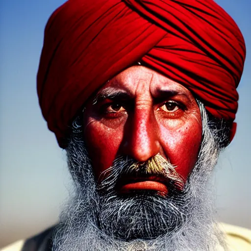 Prompt: portrait of president millard fillmore as afghan man, green eyes and red turban looking intently, photograph by steve mccurry