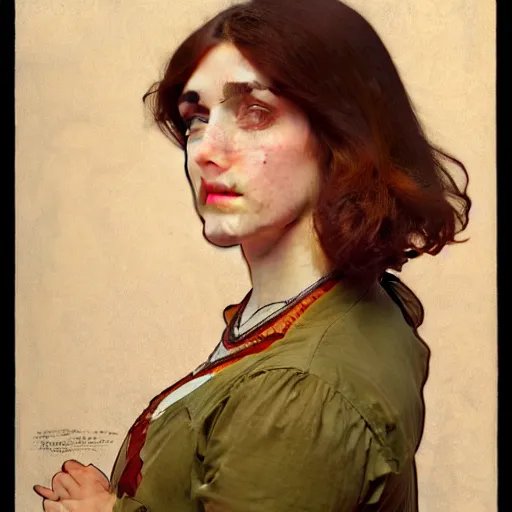 Image similar to A portrait of a plump woman, a cute art neuveau woman with brown hair in a Bob, no bangs, brown eyes, full face, olive skin, romanian heritage, medium shot, mid-shot, hyperdetailed, 8k, by mucha