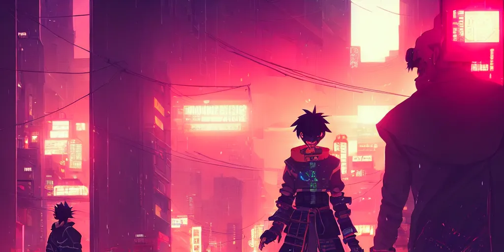 Image similar to digital illustration closeup of cyberpunk samurai in city street at night by makoto shinkai, ilya kuvshinov, lois van baarle, rossdraws, basquiat | afrofuturism, in the style of hearthstone, trending on artstation | cool color scheme