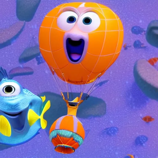 Prompt: render of dory and nemo riding a hot air balloon in the rain, detailed, colorful, symmetry