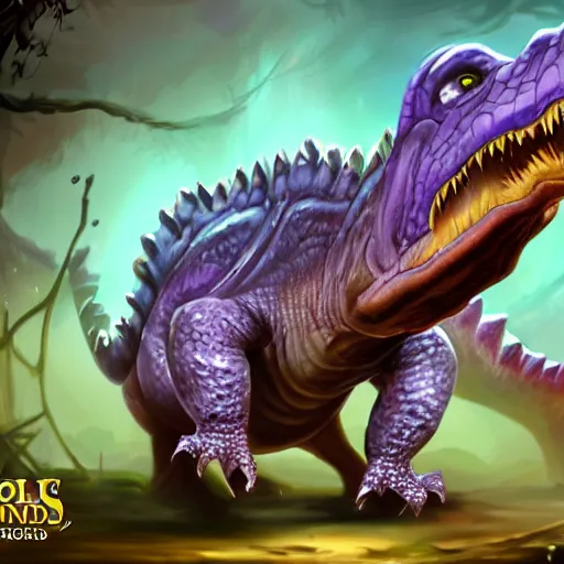 Image similar to violet crocodile dinosaur hybrid, fantasy game art, fantasy rpg, league of legends