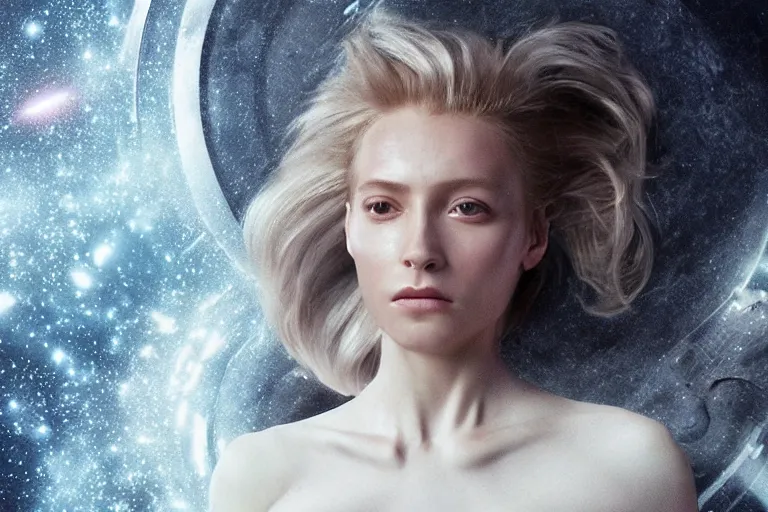 Prompt: VFX movie of a futuristic space woman model gorgeous portrait in inhuman future spaceship, beautiful natural skin natural lighting by Emmanuel Lubezki